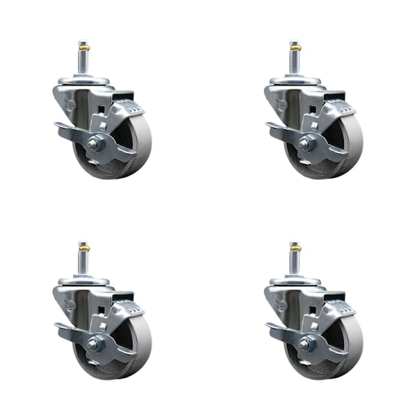 Semi Steel Swvl Grip Ring Caster Set 4 w/3''Wheel&7/16''Stem-4 Swvl w/Top Lck BRK, 4PK